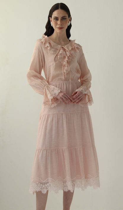 Long Sleeved Lace Panel Midi Skirt