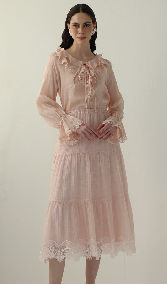Long Sleeved Lace Panel Midi Skirt