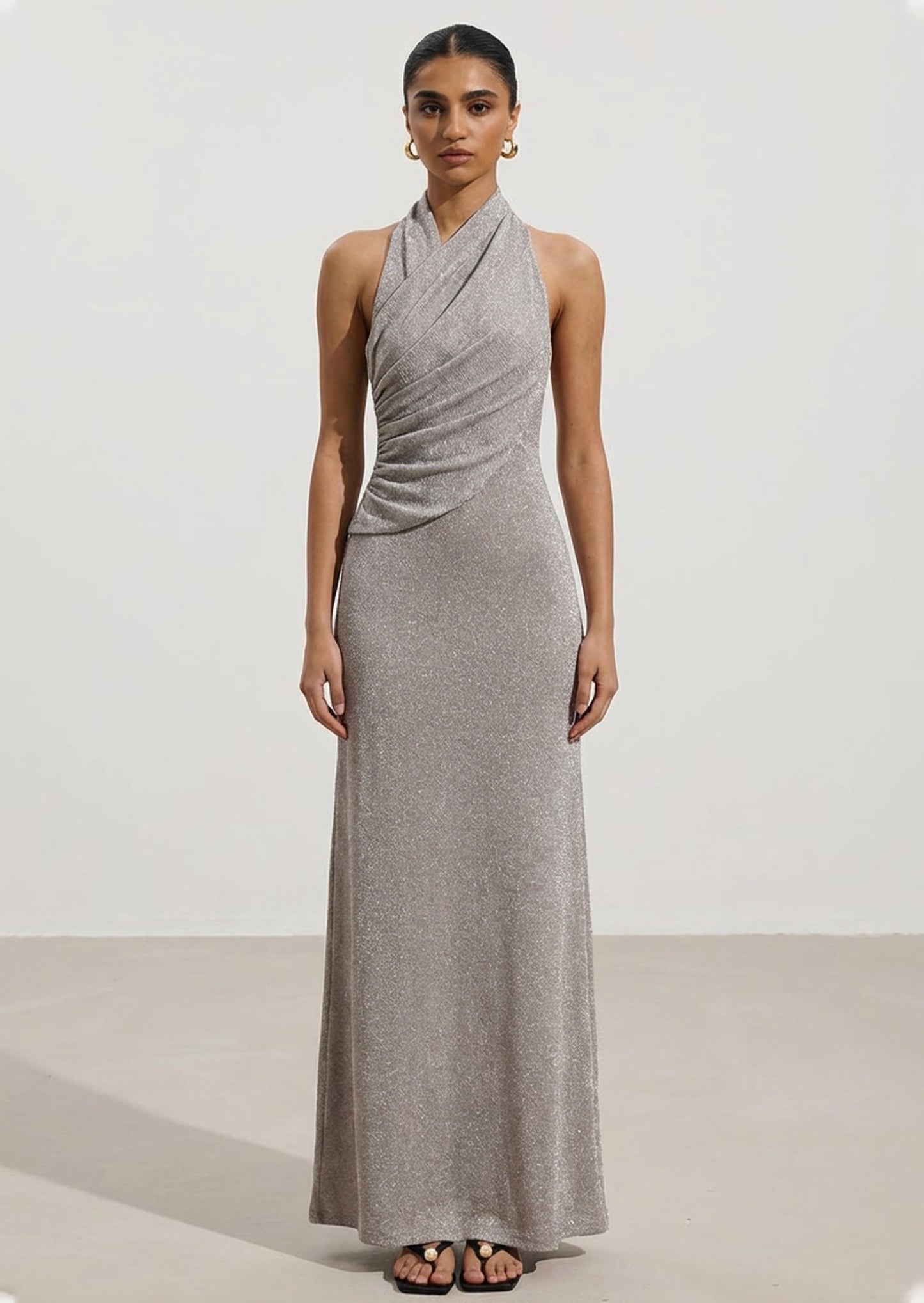 Lurex Knit Halter Maxi Dress In Silver