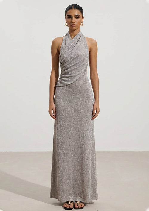 Lurex Knit Halter Maxi Dress In Silver