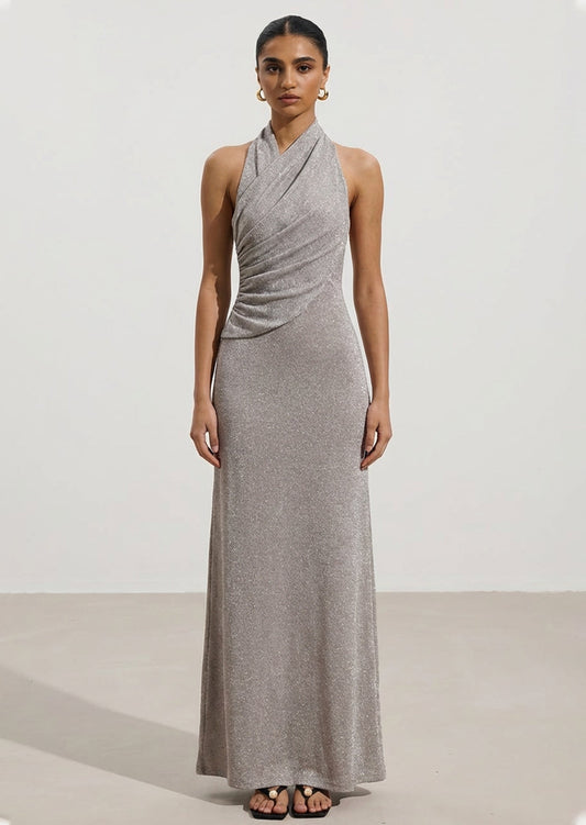 Lurex Knit Halter Maxi Dress In Silver
