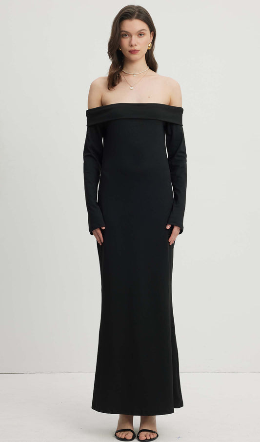 Maida Folded Neckline Maxi Dress Black