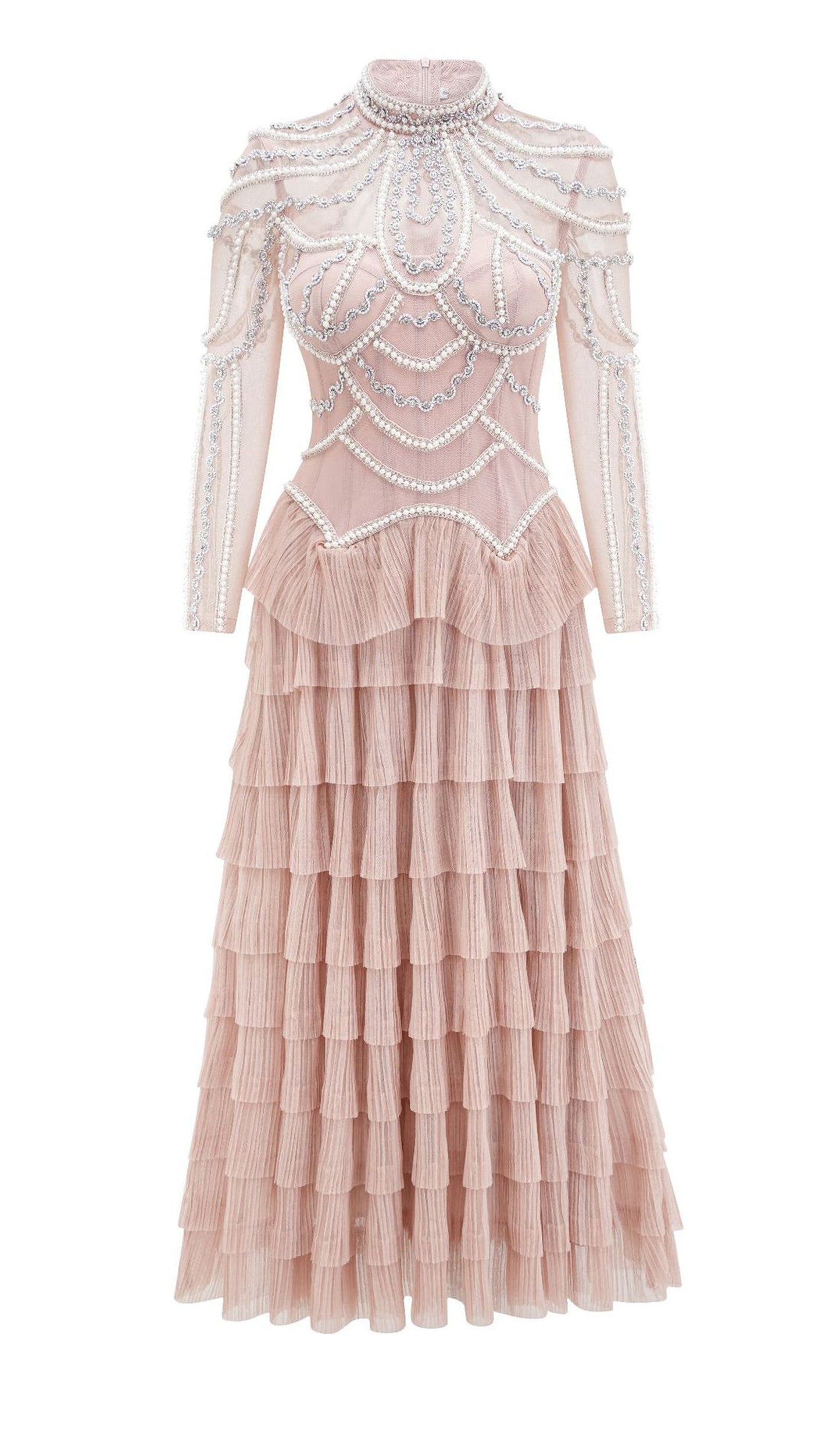 Long Sleeve Beads Pearls Mesh Maxi Layered Dress