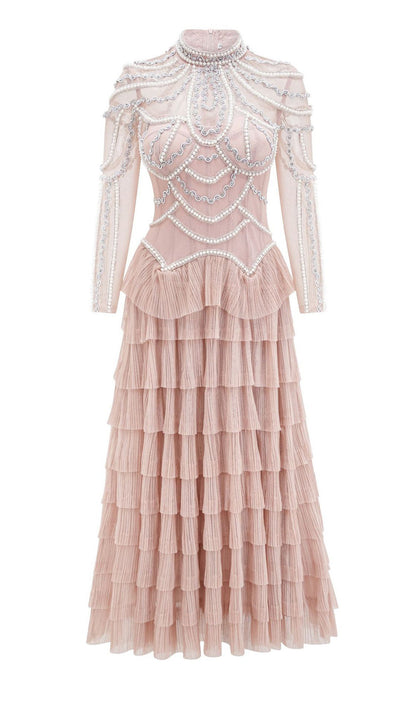 Long Sleeve Beads Pearls Mesh Maxi Layered Dress