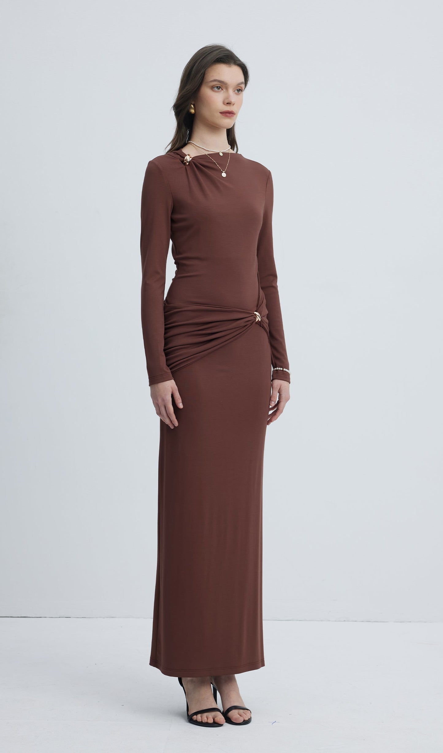 Jersey Seductive Fitted Maxi Dress-Brown