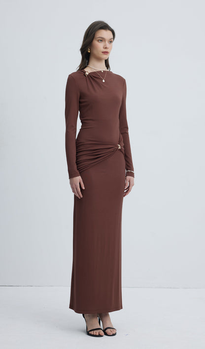 Jersey Seductive Fitted Maxi Dress-Brown