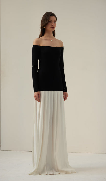 Contrast Knit Off Shoulder Maxi Dress