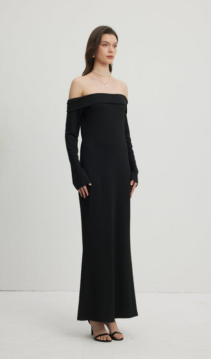 Maida Folded Neckline Maxi Dress Black