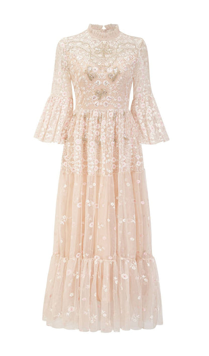Embroidered Flower Sequins Mesh Maxi Dress