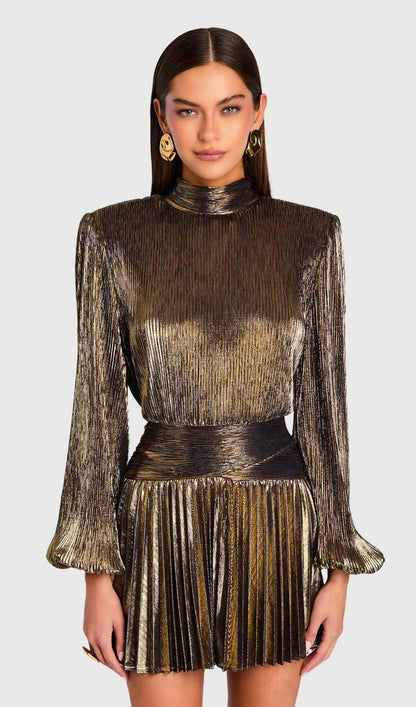 Metallic Puff Sleeve Mini Dress