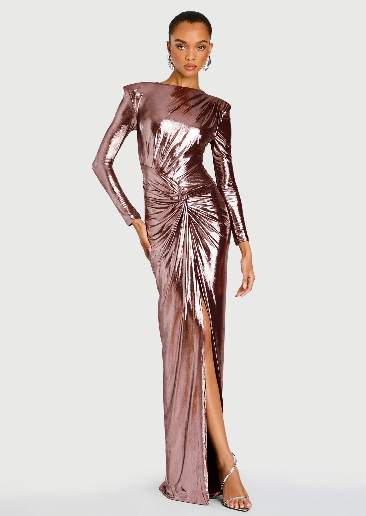 Metallic Slit Maxi Dress In Rose Gold