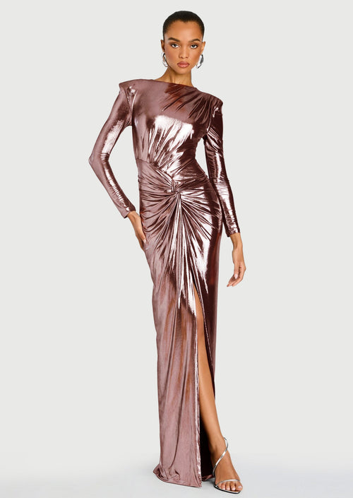 Metallic Slit Maxi Dress In Rose Gold