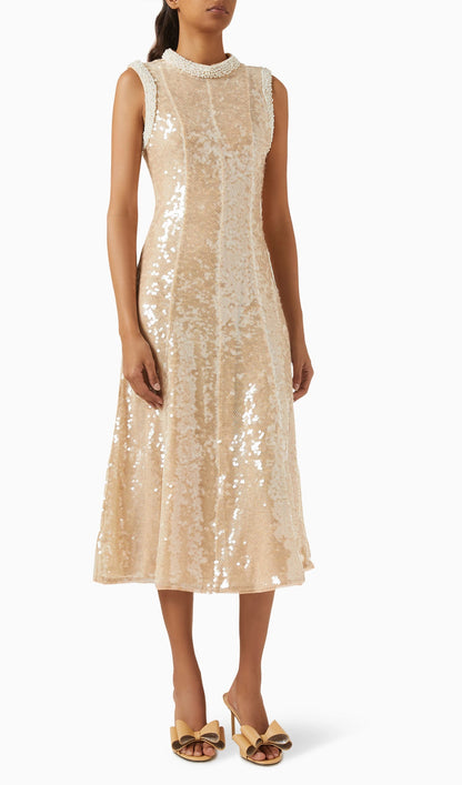 Sequin Embellished Pearl Trim Midi Dress
