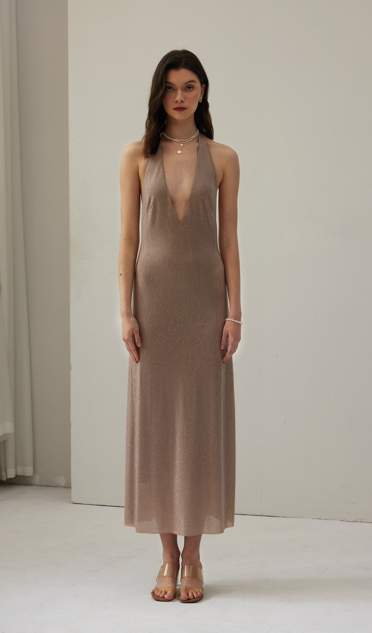 Diamante Halter Midi Dress - Nude
