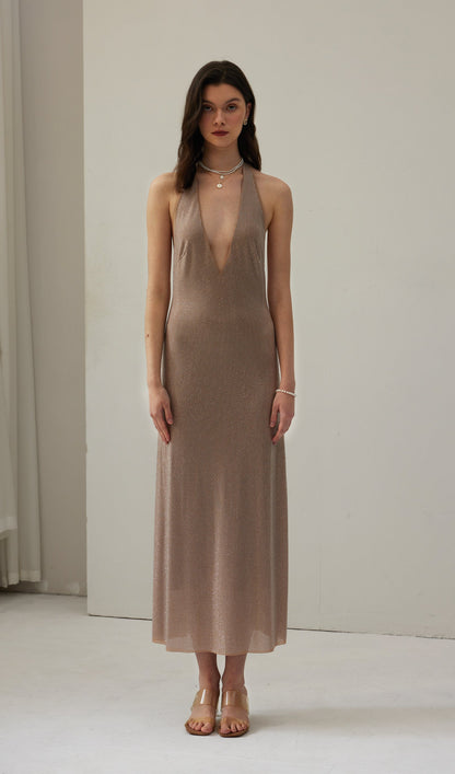 Diamante Halter Midi Dress - Nude