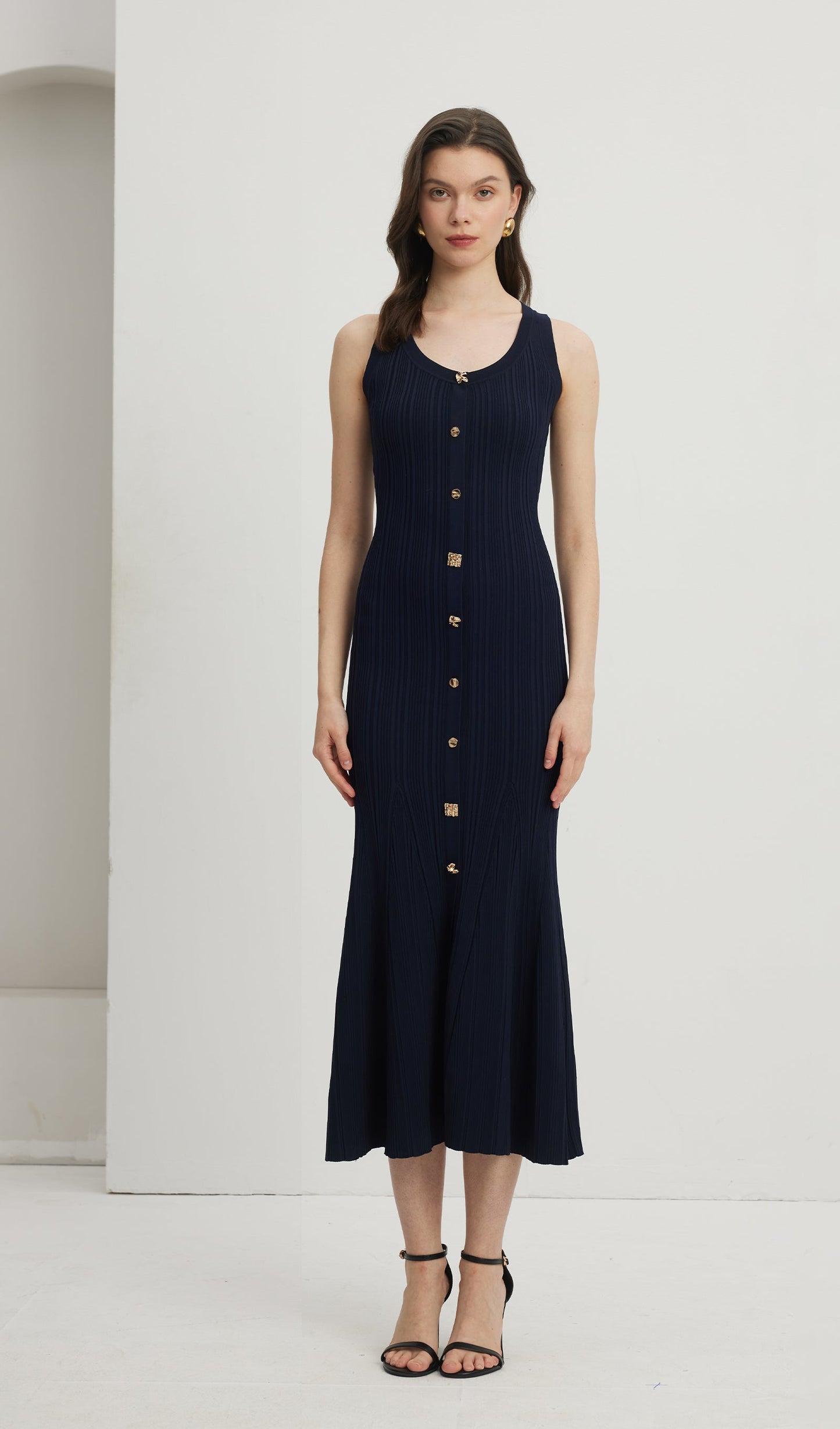Metallic Button Knit Midi Dress