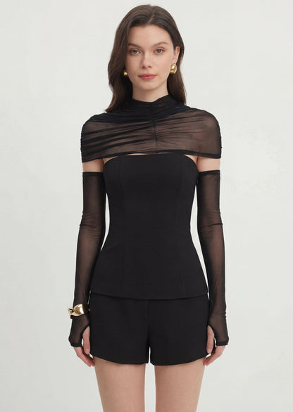 Sheer Panel Strapless Top & Mini Shorts Set Black