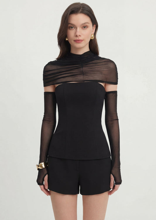 Sheer Panel Strapless Top & Mini Shorts Set Black