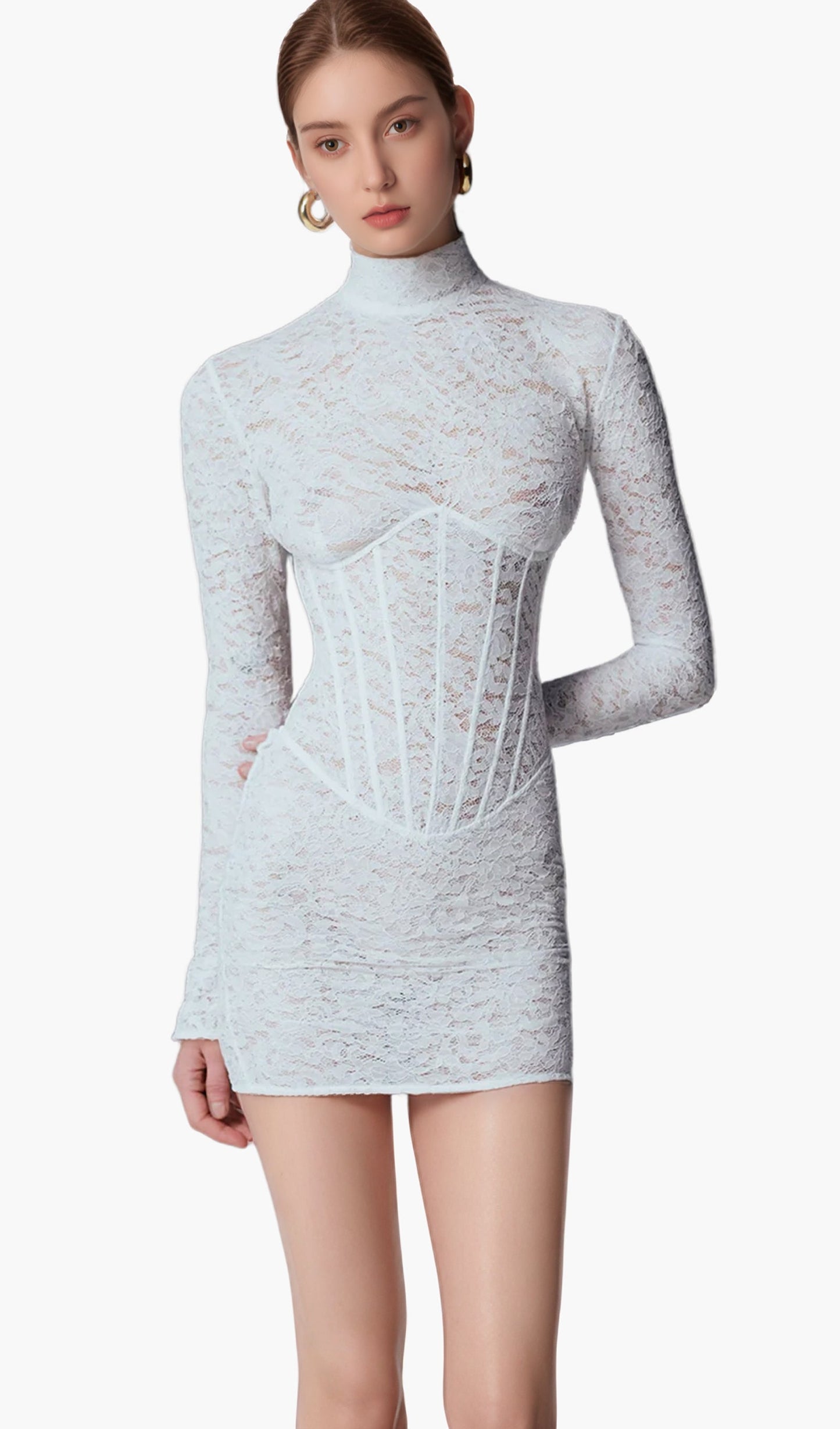 Mockneck Lace Mini Dress In White