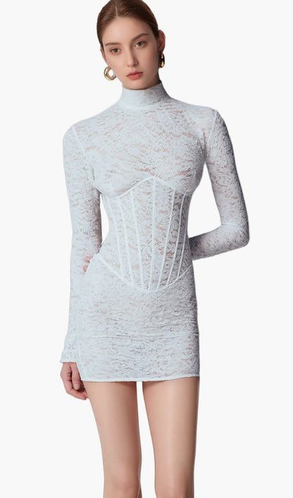 Mockneck Lace Mini Dress In White