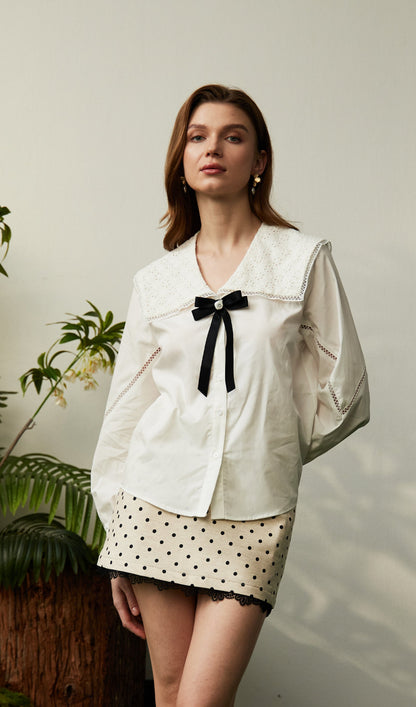 Navy Collar Shirt With Bow