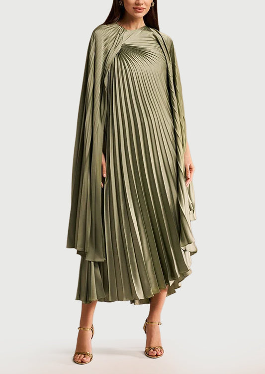 Noor Elegance Cape Pleated Satin Midi Dress