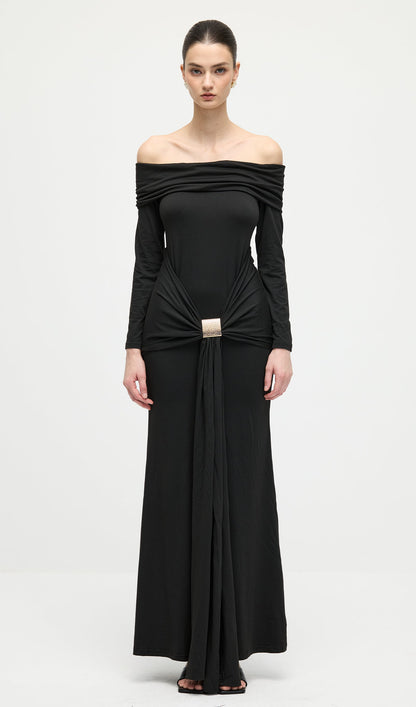 Off Shoulder Ruffle Maxi Dress In Black