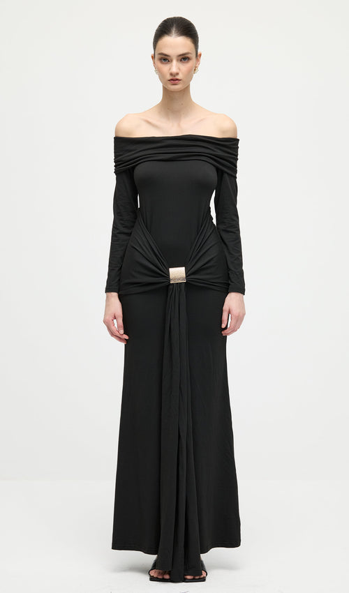 Off Shoulder Ruffle Maxi Dress In Black