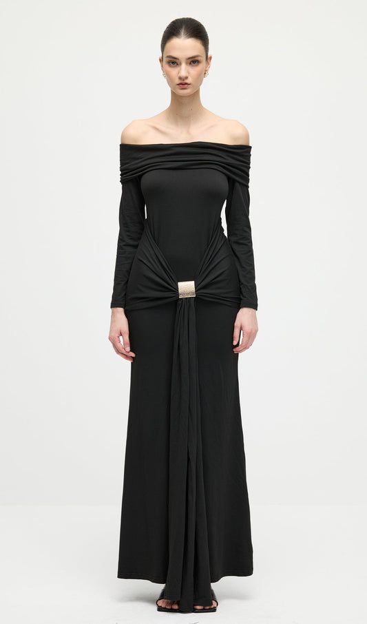 Off Shoulder Ruffle Maxi Dress In Black