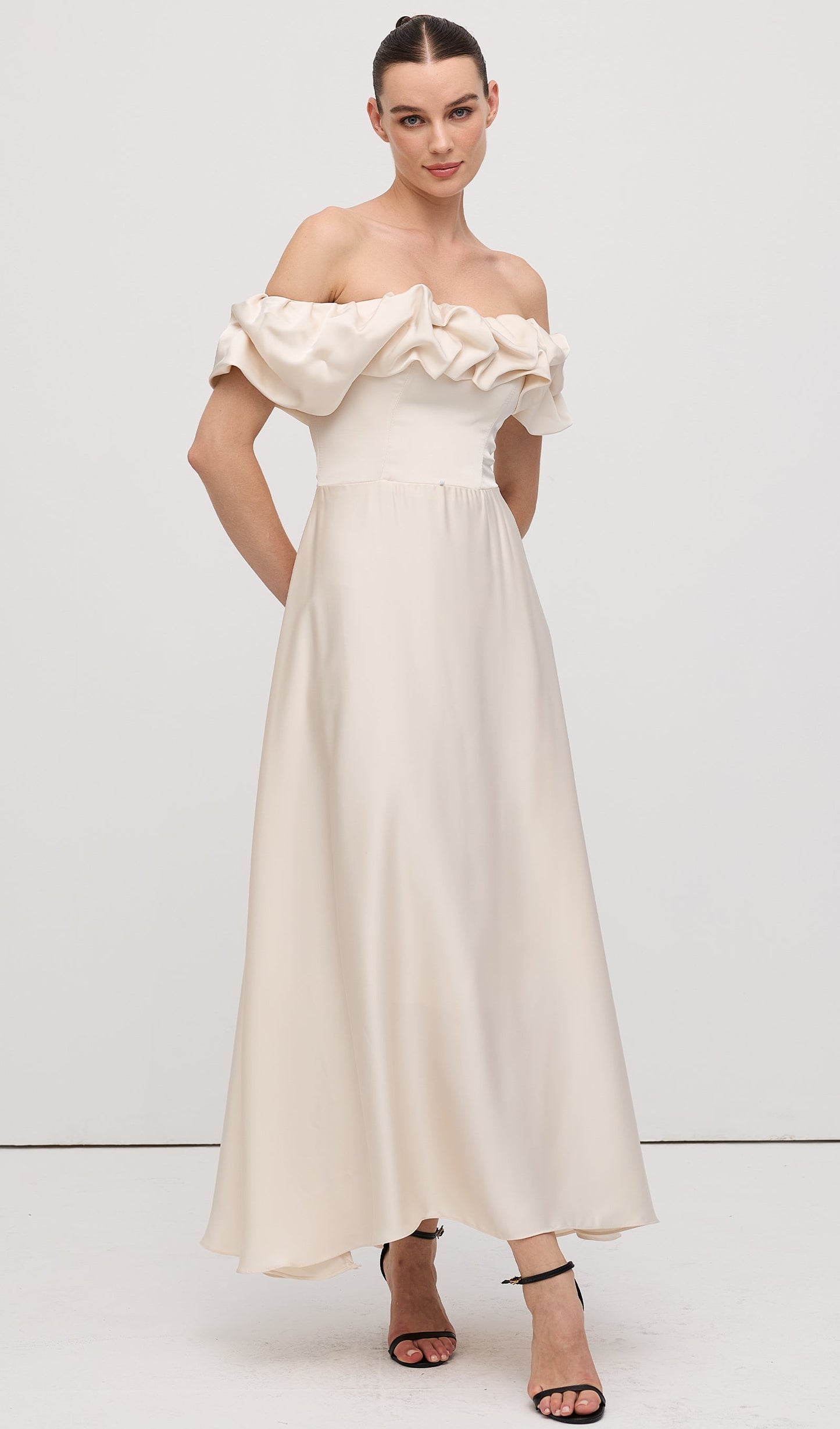 Off Shoulder Ruffle Satin Midi Dress