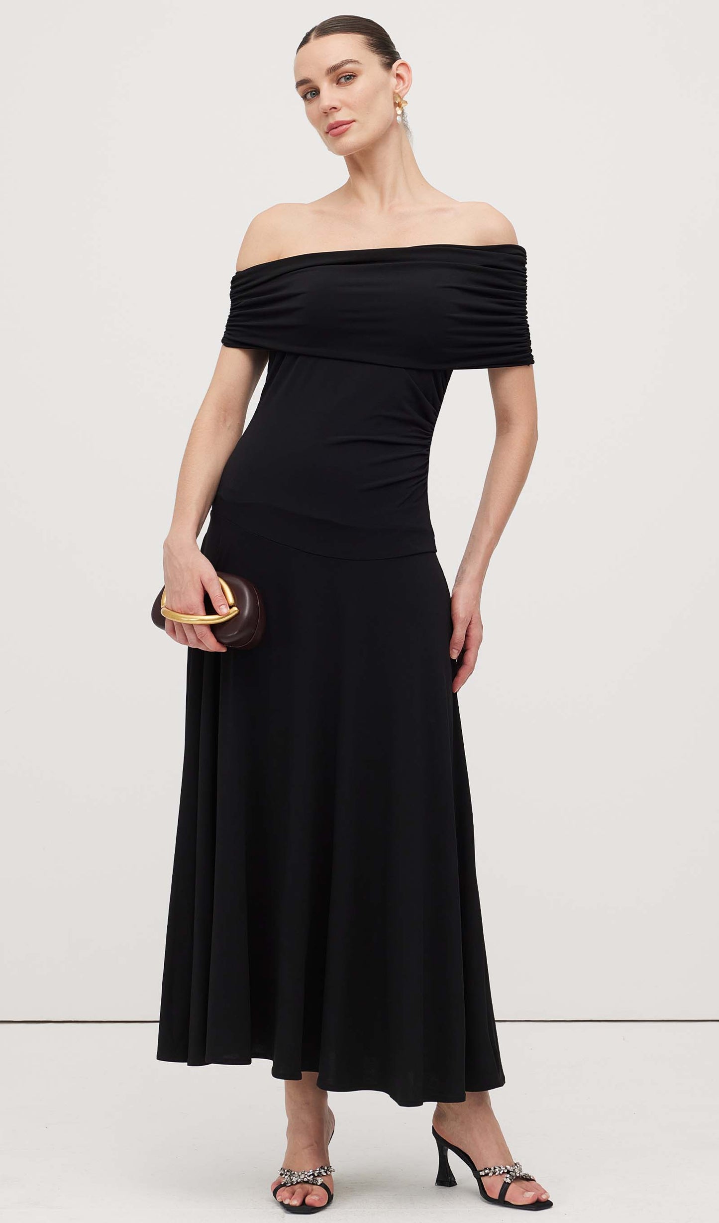 Off Shoulder Draped Midi Dress