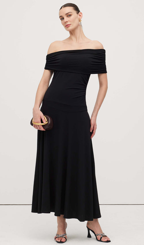 Off Shoulder Draped Midi Dress
