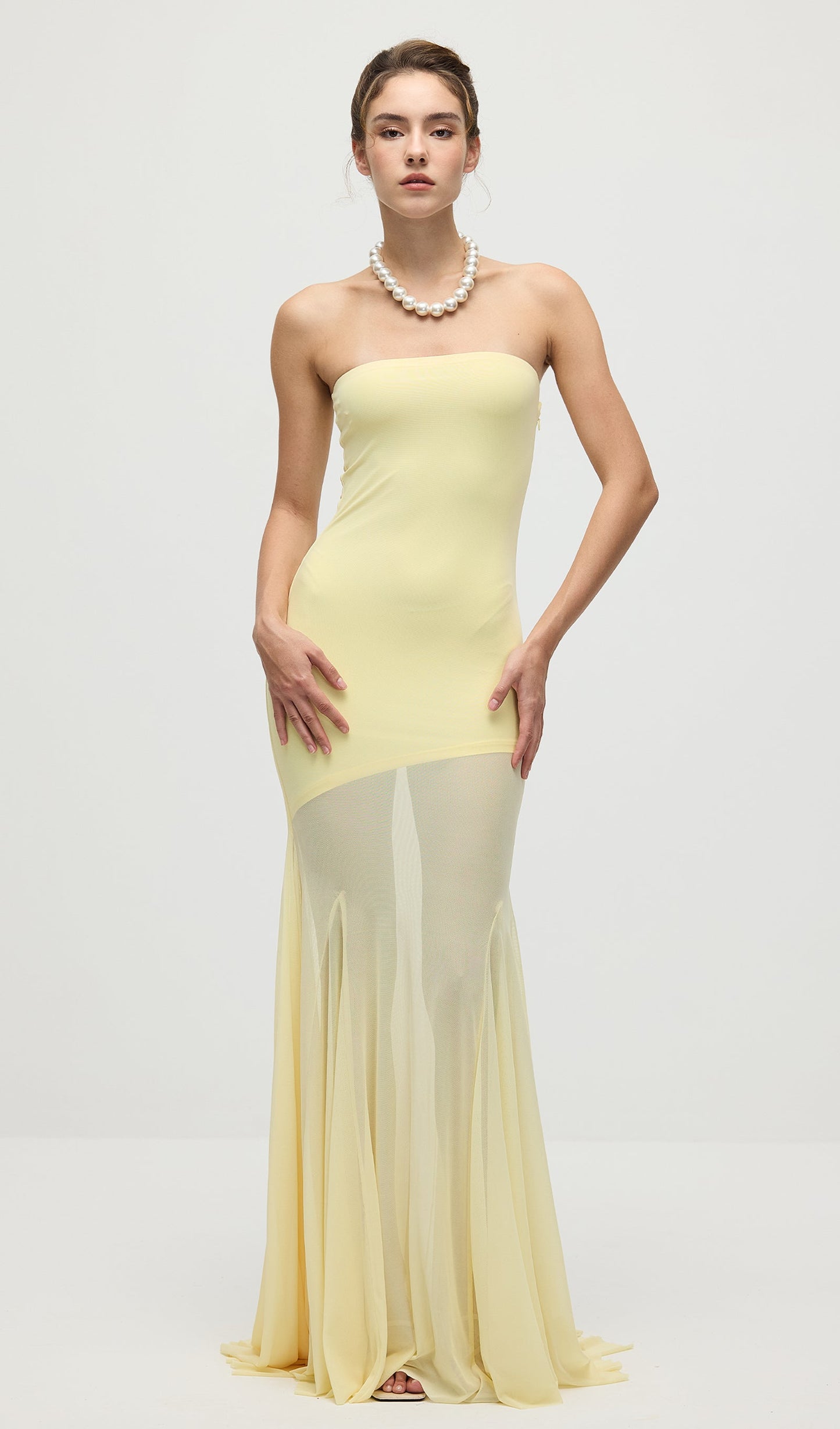 Off Shoulder Jersey With Mesh Maxi Dress In Yellow