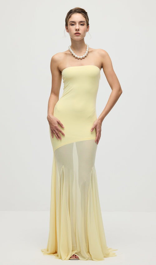 Off Shoulder Jersey With Mesh Maxi Dress In Yellow
