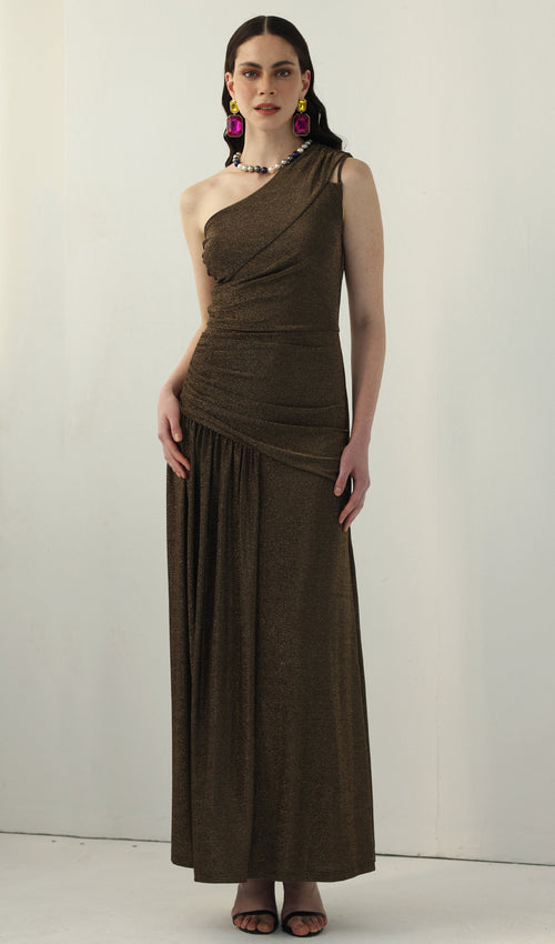 One-Shoulder Glitter Split Maxi Dress
