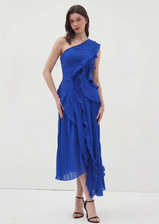 One Shoulder Asymmetric Ruffled Midi Dress