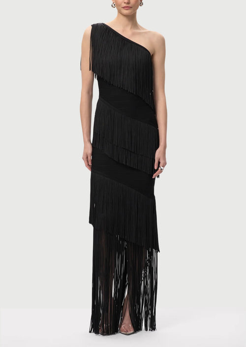 One Shoulder Cascading Fringe Maxi Dress