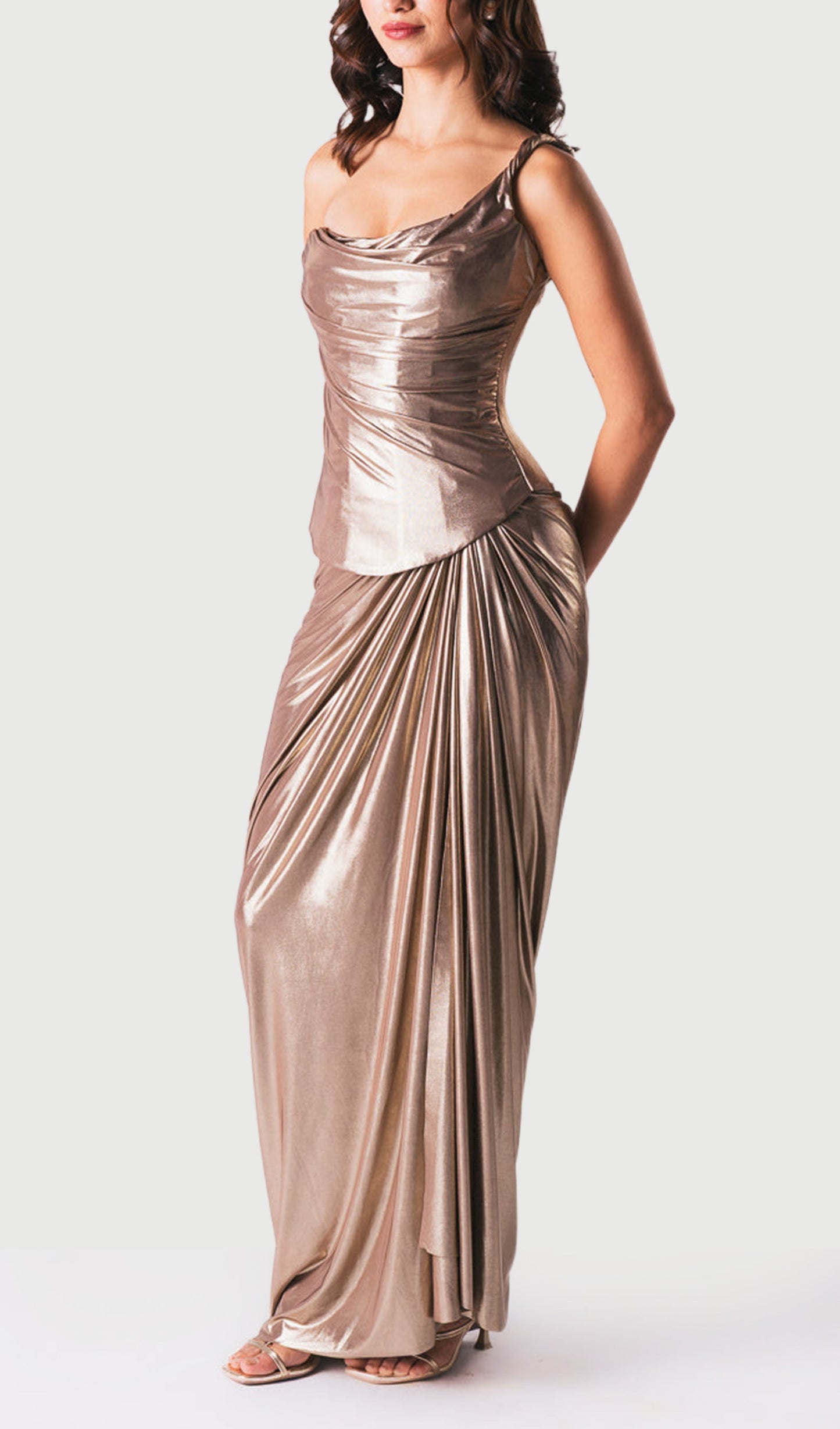 Noor Elegance One Shoulder Metallic Draped Maxi Dress