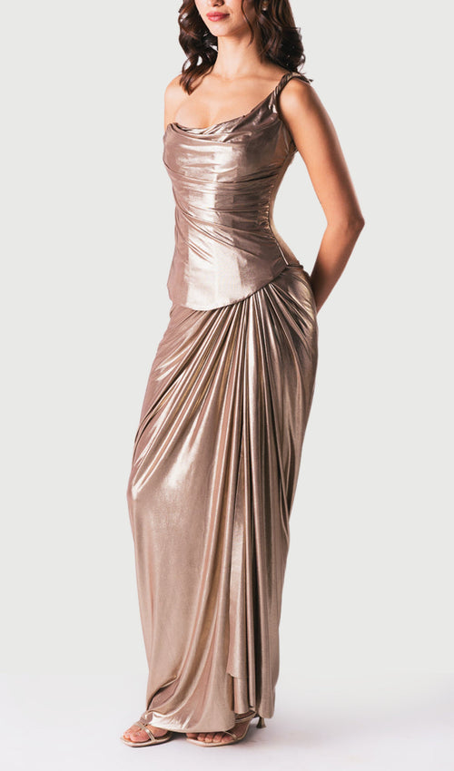 Noor Elegance One Shoulder Metallic Draped Maxi Dress