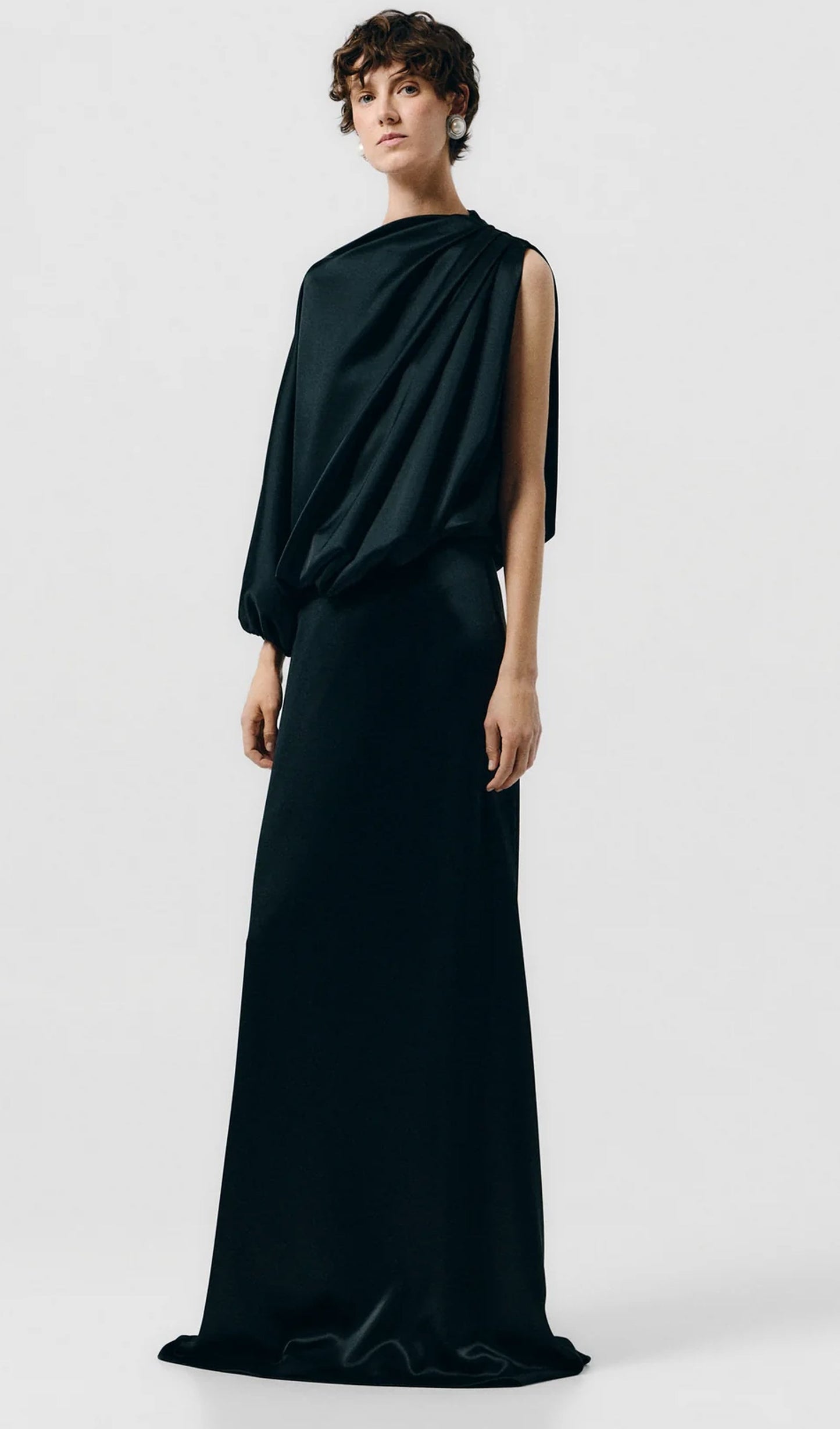 One Sleeve Draped Satin Maxi Dress In Green