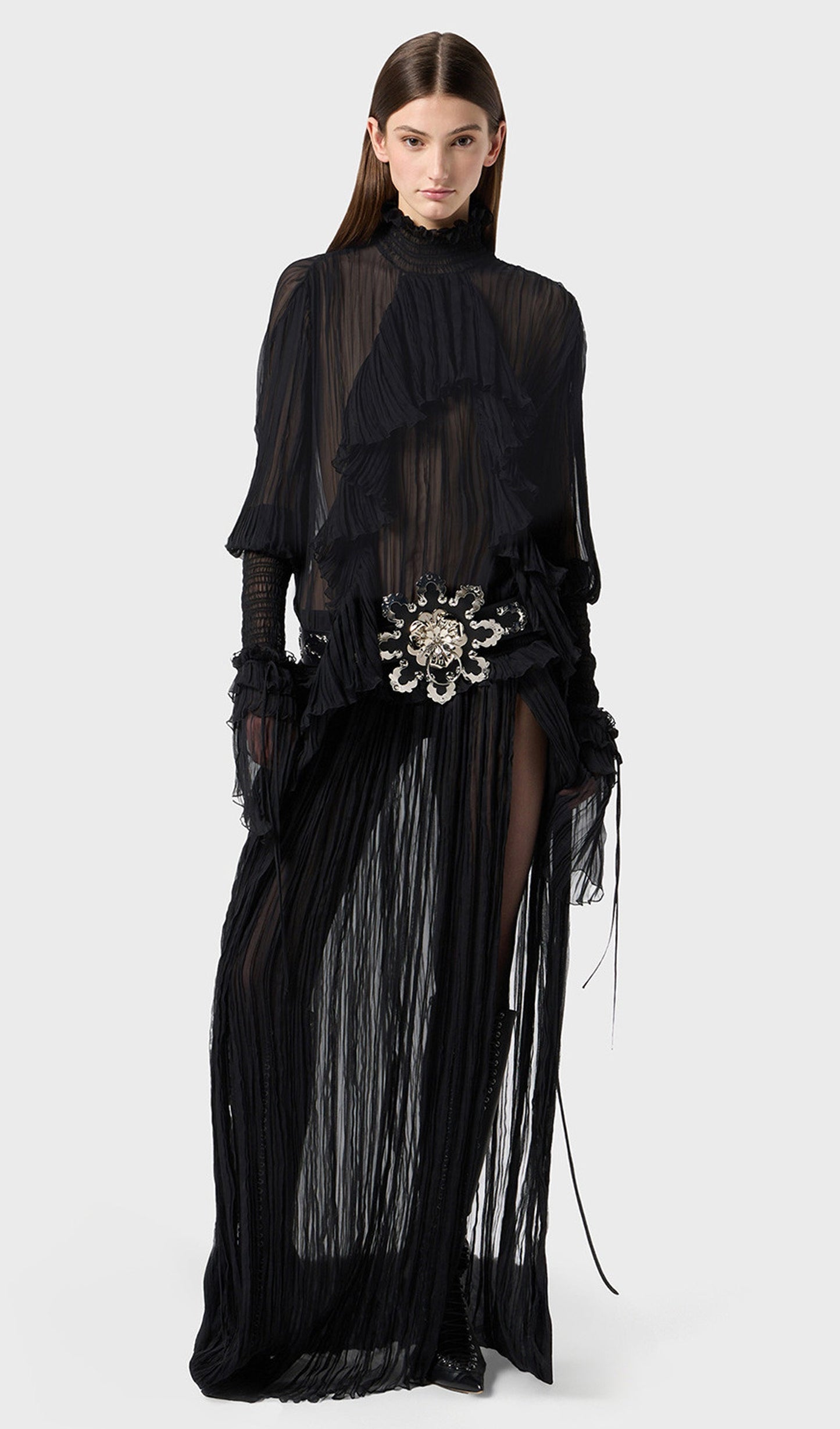 Pleated Silk-Chiffon Slit Maxi Dress In Black