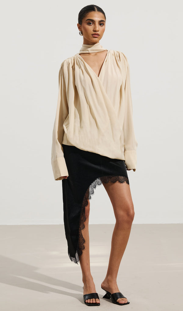 Pleated V-Neck Top & Asymmetrical Lace Skirt Set