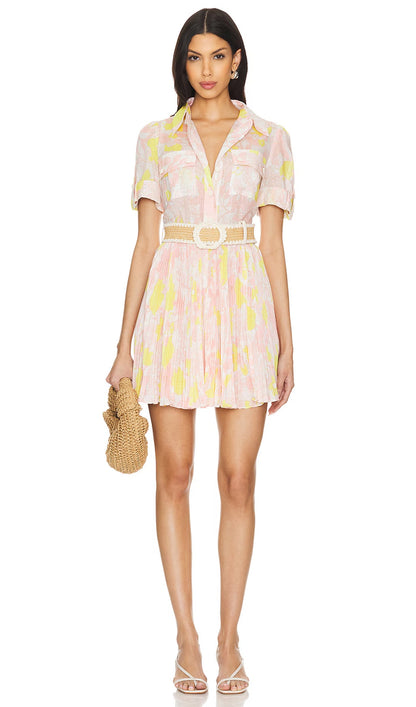 Print Short Sleeve With Belt Mini Dress