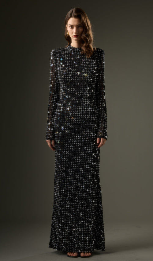 Rhinestone-Embellished Mesh Maxi Dress