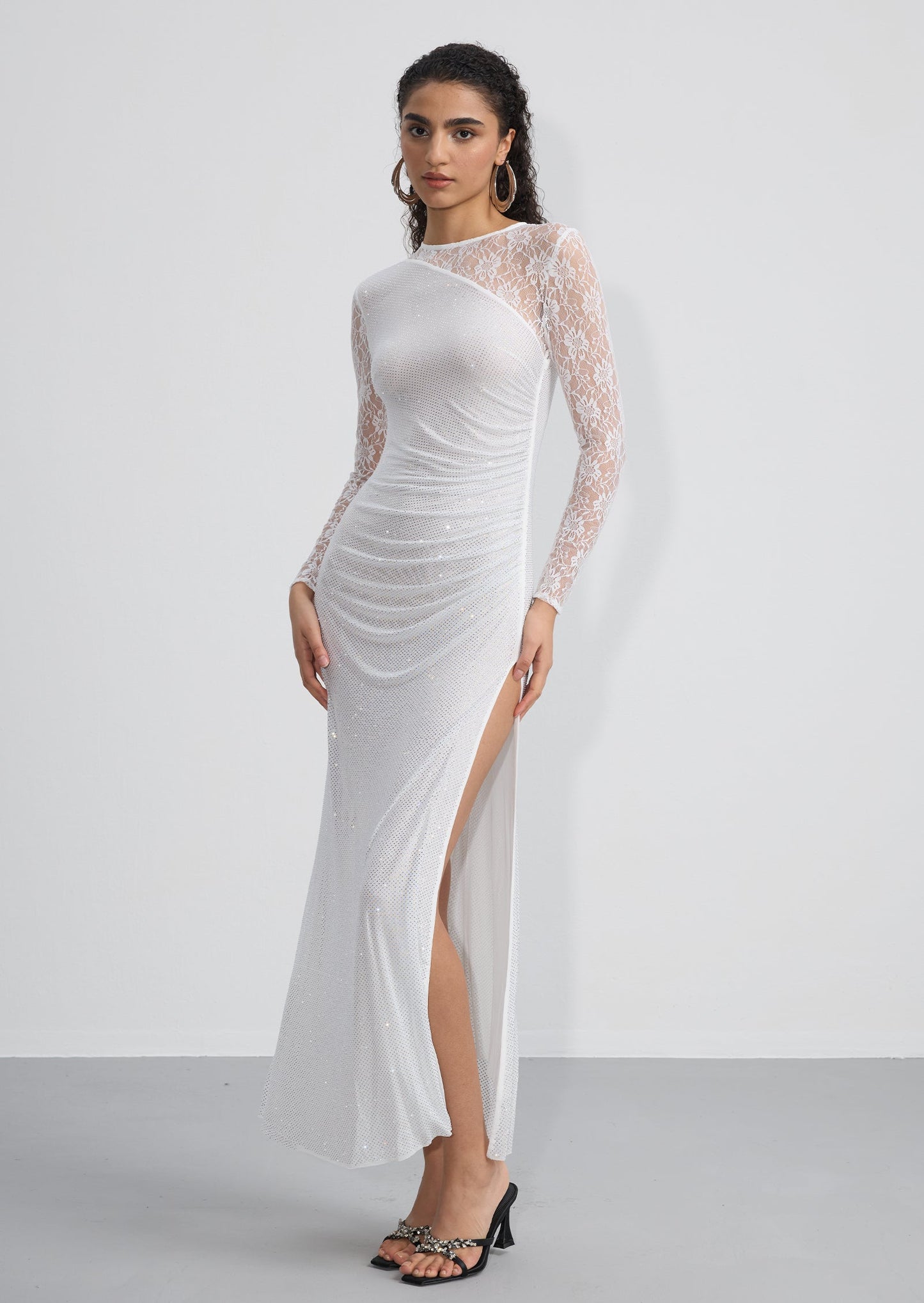 Rhinestone Lace Sleeves Maxi Dress In White