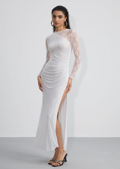 Rhinestone Lace Sleeves Maxi Dress In White