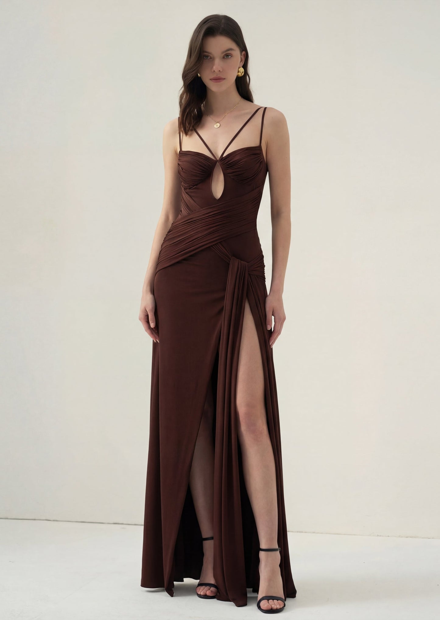 Ruched Draped Cut-Out Split Maxi Dress