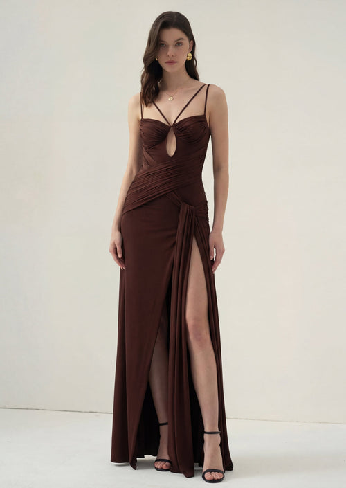 Ruched Draped Cut-Out Split Maxi Dress