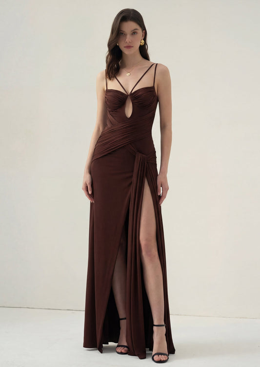 Ruched Draped Cut-Out Split Maxi Dress