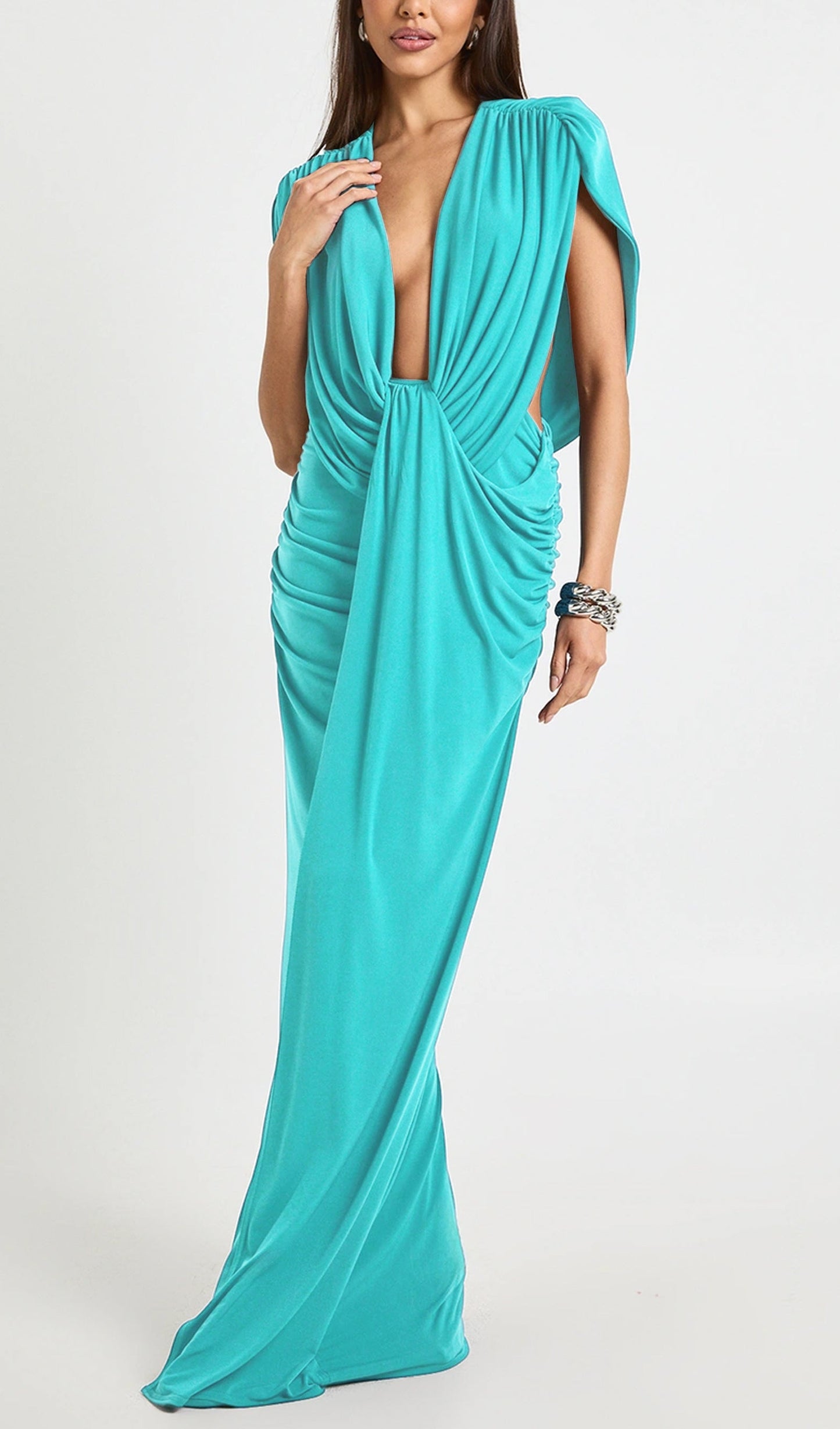Ruched Twist Front Drape Detail Maxi Dress